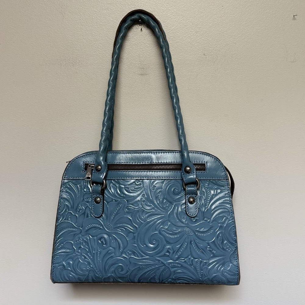 PATRICIA NASH Women's Calvi Satchel Safflower Blue Leather Purse Tooled Leather